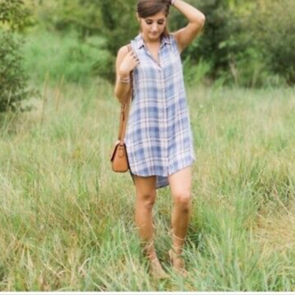 Cloth & Stone Anthropologie Blue Plaid Sleeveless Shirt Dress